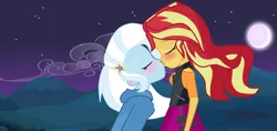 Size: 1994x942 | Tagged: safe, artist:shadowspd, derpibooru import, sunset shimmer, trixie, equestria girls, equestria girls series, forgotten friendship, clothes, duo, female, kissing, leather vest, lesbian, moon, night, shipping, suntrix, vest