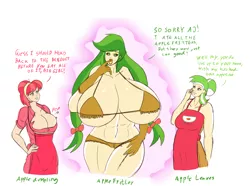 Size: 1600x1189 | Tagged: abs, absolute cleavage, amazon, apple dumpling, apple fritter, apple leaves, artist:annon, big breasts, bimbo, bimboification, breast expansion, breasts, busty apple dumpling, busty apple fritter, busty apple leaves, cleavage, derpibooru import, dialogue, female, growth, huge breasts, human, humanized, impossibly large breasts, milf, suggestive