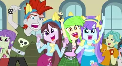 Size: 1488x811 | Tagged: safe, derpibooru import, screencap, aqua blossom, brawly beats, cherry crash, crimson napalm, ringo, starlight, velvet sky, equestria girls, friendship games, background human, cropped, devil horn (gesture), end credits, faic, right there in front of me