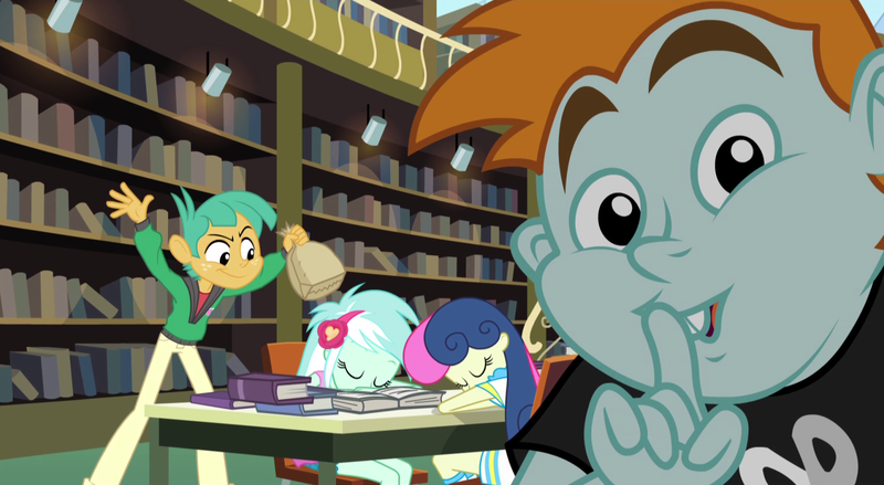 Size: 1484x814 | Tagged: safe, derpibooru import, screencap, bon bon, lyra heartstrings, snails, snips, sweetie drops, human, equestria girls, friendship games, bag, book, bookshelf, cropped, desk, end credits, humanized, image, incoming prank, library, open book, paper bag, png, prank, quartet, right there in front of me, shhh, sleeping, this will end in pain, this will not end well, two kids gon' die tonight