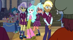 Size: 1486x811 | Tagged: safe, derpibooru import, screencap, frosty orange, normal norman, paisley, thunderbass, trenderhoof, trixie, upper crust, equestria girls, friendship games, cropped, cupcake, food, right there in front of me