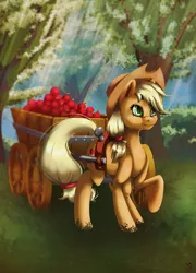 Size: 1000x1387 | Tagged: safe, artist:xaneas, derpibooru import, applejack, earth pony, pony, apple, cart, cowboy hat, female, food, freckles, hat, raised hoof, smiling, solo, stetson, tree