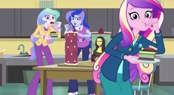 Size: 1488x814 | Tagged: safe, deleted from derpibooru, derpibooru import, screencap, princess cadance, princess celestia, princess luna, acadeca, equestria girls, friendship games, cake, caught, cropped, dean cadance, eating, female, food, fork, guilty pleasure, mona lisa, plate, principal celestia, right there in front of me, trio, trio female, vice principal luna