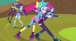 Size: 1488x811 | Tagged: safe, derpibooru import, screencap, lemon zest, pinkie pie, rarity, sunny flare, equestria girls, friendship games, cropped, end credits, right there in front of me, roller skates