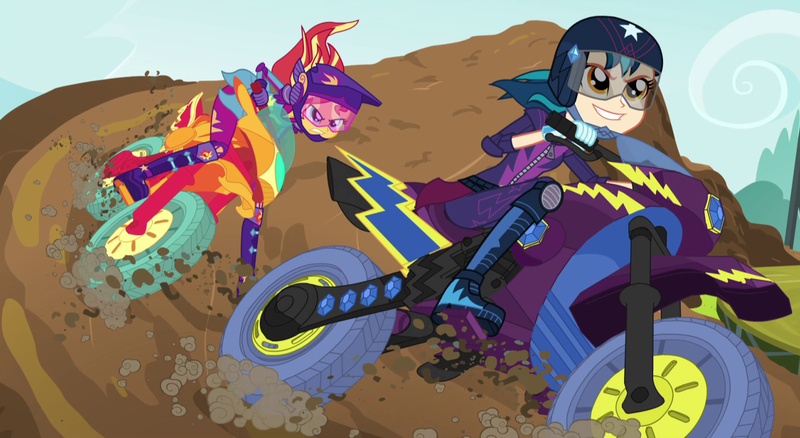 Size: 1482x812 | Tagged: safe, derpibooru import, screencap, indigo zap, sunset shimmer, equestria girls, friendship games, cropped, dirt bike, end credits, helmet, motorcross, motorcycle, racing, right there in front of me