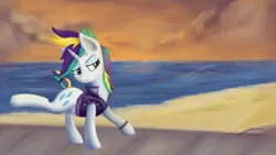 Size: 1920x1080 | Tagged: alternate hairstyle, artist:taggerung, beach, derpibooru import, punk, raripunk, rarity, safe, sand, short tail, solo, sunset