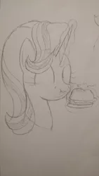 Size: 1836x3264 | Tagged: artist:moonatik, burger, clothes, crumbs, derpibooru import, eating, food, happy, magic, safe, solo, starlight glimmer, traditional art