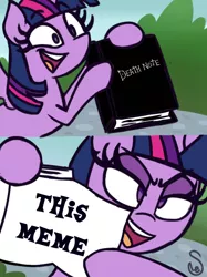 Size: 1080x1442 | Tagged: alicorn, artist:quarium edits, dead meme, death note, derpibooru import, ed edd n eddy, edit, exploitable meme, irony, meme, overdue, paradox, safe, self-destruction, twilight's death note, twilight's fact book, twilight sparkle, twilight sparkle (alicorn)