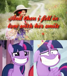 Size: 479x536 | Tagged: safe, derpibooru import, edit, edited screencap, screencap, sunset shimmer, twilight sparkle, twilight sparkle (alicorn), alicorn, human, pony, equestria girls, equestria girls series, forgotten friendship, my little pony: the movie, basket, comparison, crown, faic, field, flower, flower in hair, hat, irl, jewelry, nervous, photo, regalia, road, smiling, text