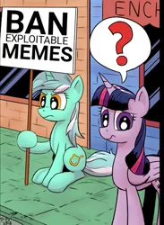 Size: 441x604 | Tagged: safe, artist:pony-berserker, derpibooru import, edit, lyra heartstrings, twilight sparkle, twilight sparkle (alicorn), alicorn, pony, unicorn, angry, confused, exploitable meme, female, frown, glare, hoof hold, hypocrisy, hypocritical humor, image, ironic, irony, lyra's sign meme, mare, meme, meta, pictogram, png, question mark, raised eyebrow, sign, speech bubble, take that