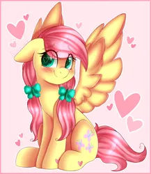 Size: 3470x4000 | Tagged: safe, artist:adostume, derpibooru import, fluttershy, pegasus, pony, alternate hairstyle, blushing, cute, cutie mark hair accessory, daaaaaaaaaaaw, eye clipping through hair, female, floppy ears, hairclip, head turn, heart, heart eyes, looking at you, looking sideways, loving gaze, mare, pigtails, ponytails, shy, shyabetes, sitting, smiling, solo, spread wings, wingding eyes, wings