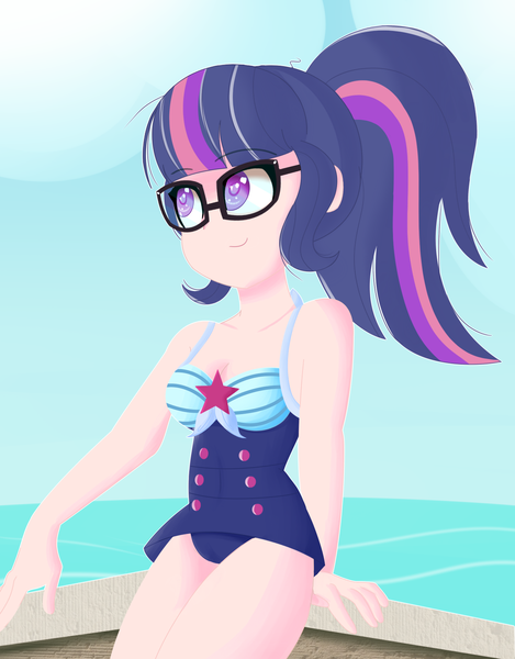 Size: 1326x1696 | Tagged: safe, artist:pastelhorses, derpibooru import, sci-twi, twilight sparkle, equestria girls, equestria girls series, forgotten friendship, clothes, ocean, solo, swimsuit