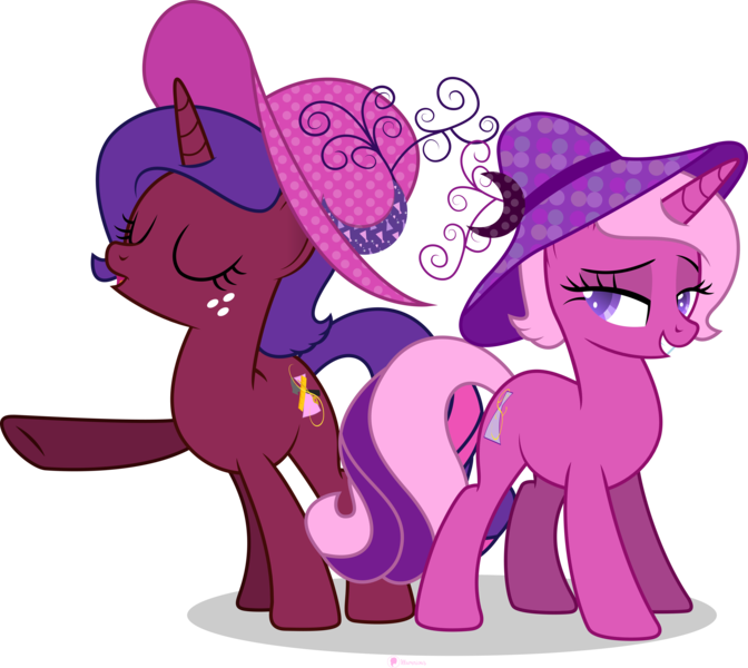 Size: 10024x8955 | Tagged: safe, artist:illumnious, derpibooru import, oc, oc:aura midnight, oc:flares midnight, unofficial characters only, pony, unicorn, absurd resolution, eyes closed, female, hat, lidded eyes, mare, raised hoof, simple background, smiling, transparent background, vector