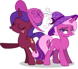 Size: 10024x8955 | Tagged: safe, artist:illumnious, derpibooru import, oc, oc:aura midnight, oc:flares midnight, unofficial characters only, pony, unicorn, absurd resolution, eyes closed, female, hat, lidded eyes, mare, raised hoof, simple background, smiling, transparent background, vector