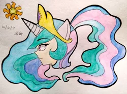 Size: 3115x2301 | Tagged: artist:aloubell, bust, derpibooru import, eared humanization, horned humanization, human, humanized, ponytail, portrait, princess celestia, safe, solo, traditional art