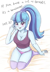 Size: 2480x3543 | Tagged: suggestive, artist:sumin6301, derpibooru import, sonata dusk, equestria girls, rainbow rocks, beautiful, blue hair, breasts, busty sonata dusk, camisole, cleavage, clothes, dialogue, eyelashes, female, hair, kneeling, looking at you, panties, pink underwear, ponytail, sexy, smiling, solo, solo female, stockings, stupid sexy sonata dusk, tanktop, thigh highs, underwear