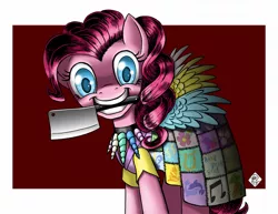 Size: 1024x792 | Tagged: semi-grimdark, artist:razia, derpibooru import, pinkie pie, earth pony, pony, fanfic:cupcakes, creepy, cutie mark dress, horn necklace, meat cleaver, mouth hold