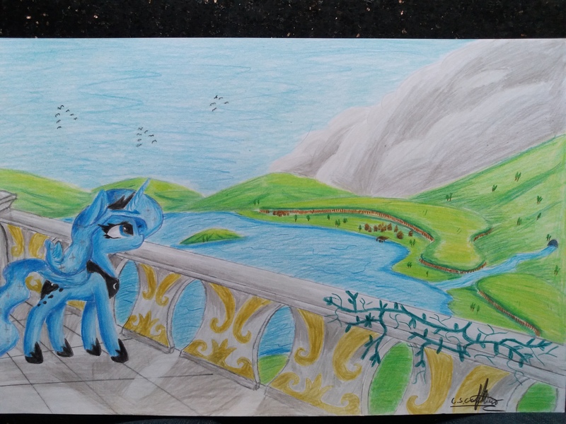 Size: 4128x3096 | Tagged: safe, artist:ironbeastz, derpibooru import, princess luna, pony, balcony, high res, lake, solo, traditional art