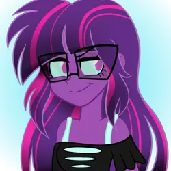 Size: 600x600 | Tagged: safe, artist:wubcakeva, derpibooru import, sci-twi, twilight sparkle, equestria girls, casual, causal midnight sparkle, clothes, female, glasses, long hair, midnight sparkle, smug, solo, tanktop