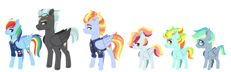 Size: 1918x600 | Tagged: safe, artist:whalepornoz, derpibooru import, rainbow dash, thunderlane, oc, oc:rapidfire, oc:starcatcher, oc:thunderbolt, oc:wildstrokes, pegasus, pony, clothes, colt, female, filly, glasses, goggles, line-up, male, mare, offspring, parent:lightning streak, parent:rainbow dash, parent:thunderlane, parents:thunderdash, police officer, police uniform, simple background, stallion, transparent background, triplets, uniform, wonderbolts dress uniform