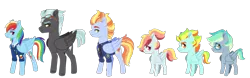 Size: 1918x600 | Tagged: safe, artist:whalepornoz, derpibooru import, rainbow dash, thunderlane, oc, oc:rapidfire, oc:starcatcher, oc:thunderbolt, oc:wildstrokes, pegasus, pony, clothes, colt, female, filly, glasses, goggles, line-up, male, mare, offspring, parent:lightning streak, parent:rainbow dash, parent:thunderlane, parents:thunderdash, police officer, police uniform, simple background, stallion, transparent background, triplets, uniform, wonderbolts dress uniform