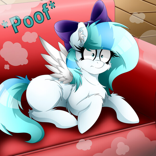 Size: 4200x4200 | Tagged: safe, artist:colarix, derpibooru import, oc, oc:colarix, unofficial characters only, pegasus, pony, :t, absurd resolution, ask, bow, chest fluff, confused, couch, cute, ear fluff, female, filly, fluffy, frown, furniture, hair bow, leg fluff, prone, ribbon, shoulder fluff, sitting, smoke, solo, tumblr, wide eyes, younger