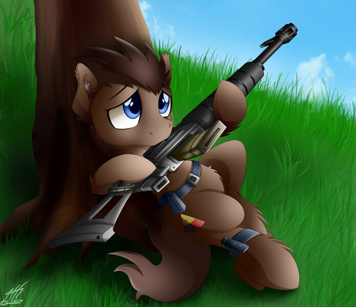 Size: 3136x2704 | Tagged: artist:colarix, derpibooru import, gun, military pony, oc, oc:blitzwing, outdoors, safe, tree, weapon