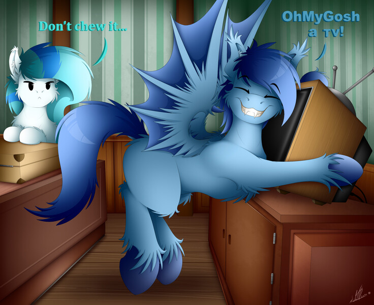 Size: 2700x2200 | Tagged: safe, artist:colarix, derpibooru import, oc, oc:colarix, oc:johan, unofficial characters only, bat pony, ask, hotel, hug, television, tumblr