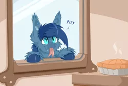 Size: 3050x2050 | Tagged: safe, artist:colarix, derpibooru import, oc, oc:johan, unofficial characters only, bat pony, ear fluff, food, pie, tongue out, unshorn fetlocks, window licking
