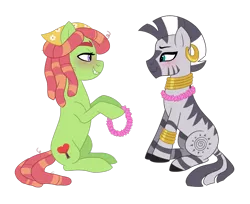 Size: 1280x1043 | Tagged: safe, artist:cascayd, derpibooru import, tree hugger, zecora, earth pony, pony, zebra, blushing, crack shipping, female, floral head wreath, flower, flower necklace, lesbian, looking at each other, shipping, simple background, smiling, transparent background, treecora