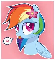 Size: 2000x2200 | Tagged: safe, artist:darkynez, derpibooru import, rainbow dash, :p, bedroom eyes, bust, cute, dashabetes, flower, flower in hair, heart, pictogram, pink background, rainbow dash always dresses in style, silly, simple background, solo, speech bubble, tongue out