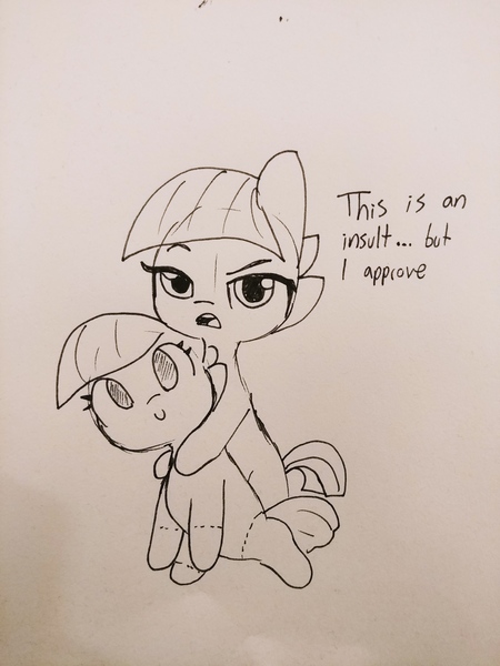 Size: 3120x4160 | Tagged: safe, artist:tjpones, derpibooru import, limestone pie, earth pony, pony, black and white, dialogue, female, grayscale, life size, lineart, mare, monochrome, narcissism, plushie, simple background, traditional art