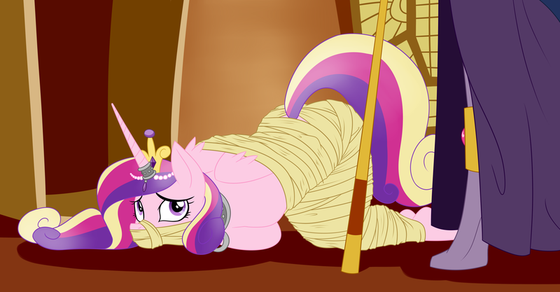 Size: 5006x2608 | Tagged: anthro, artist:spiderweber, bondage, boob squish, breasts, busty princess cadance, captured, collar, damsel in distress, derpibooru import, exposed breasts, gag, horn ring, implied twilight sparkle, looming, magic suppression, mummification, mummy, mystery, offscreen character, peril, princess cadance, slave, suggestive, tied up, tomb