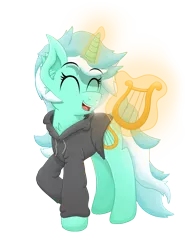 Size: 2958x4000 | Tagged: artist:sol-r, clothes, derpibooru import, fanfic, fanfic art, fanfic:background pony, glowing horn, hoodie, lyra heartstrings, lyre, magic, raised hoof, safe, simple background, solo, telekinesis, transparent background