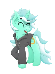 Size: 2958x4000 | Tagged: alternate version, artist:sol-r, clothes, derpibooru import, eyes closed, fanfic, fanfic art, fanfic:background pony, hoodie, lyra heartstrings, raised hoof, safe, simple background, solo, transparent background