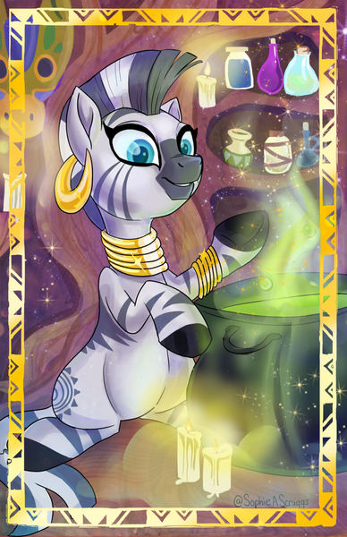 Size: 800x1236 | Tagged: artist:sophillia, candle, cauldron, cute, derpibooru import, ear piercing, earring, female, jewelry, mare, piercing, safe, solo, zebra, zecora, zecorable