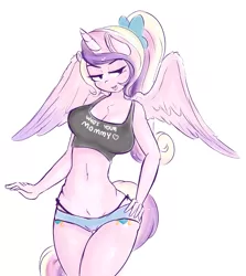 Size: 4116x4614 | Tagged: absurd resolution, alicorn, anthro, artist:wickedsilly, belly button, big breasts, both cutie marks, breasts, busty princess cadance, cleavage, clothes, derpibooru import, female, mare, midriff, milf, panties, princess cadance, shorts, side knot underwear, simple background, smiling, solo, solo female, sports bra, stupid sexy princess cadance, suggestive, tanktop, teen princess cadance, thigh gap, thong, underwear