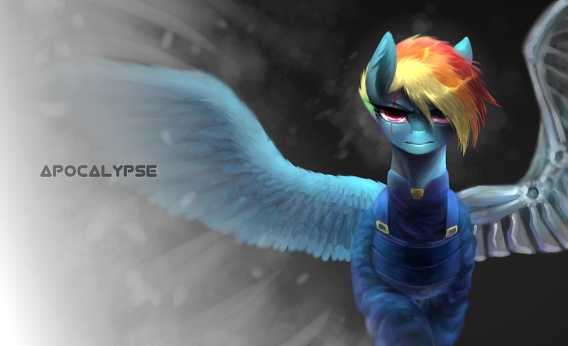 Size: 1500x914 | Tagged: safe, artist:seamaggie, derpibooru import, rainbow dash, pegasus, pony, alternate timeline, amputee, apocalypse dash, artificial wings, augmented, clothes, crystal war timeline, eye scar, female, large wings, looking at you, mare, mechanical wing, prosthetic limb, prosthetic wing, prosthetics, scar, solo, wallpaper, wings