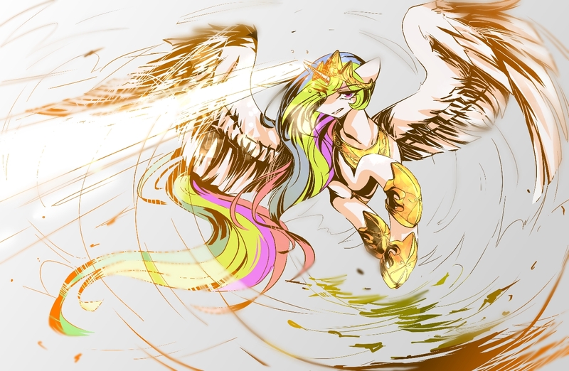 Size: 1400x914 | Tagged: safe, artist:seamaggie, derpibooru import, princess celestia, pony, flying, glowing horn, jewelry, laser, magic, magic beam, magic blast, necklace, regalia, solo, spread wings, wings