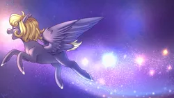 Size: 1280x720 | Tagged: safe, artist:nyfian, deleted from derpibooru, derpibooru import, oc, oc:dinkle twinkle, unofficial characters only, pegasus, pony, eyes closed, female, flying, galaxy, mare, open mouth, solo, space