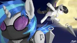 Size: 1920x1080 | Tagged: safe, artist:phoenixrk49, derpibooru import, octavia melody, vinyl scratch, earth pony, pony, unicorn, duo, female, full moon, glasses, mare, moon, ninja, ninja costume, sunglasses, throwing knife