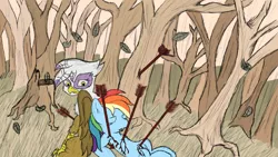 Size: 2560x1440 | Tagged: grimdark, artist:rainb0wdashie, derpibooru import, gilda, rainbow dash, gryphon, pony, arrow, blood, death, duo, forest, sad