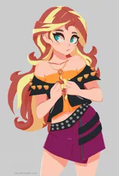 Size: 1076x1586 | Tagged: safe, artist:hirosi41, derpibooru import, sunset shimmer, human, equestria girls, equestria girls series, bare shoulders, beautiful, clothes, cute, cutie mark, cutie mark on clothes, ear piercing, female, geode of empathy, gray background, humanized, image, jacket, jewelry, leather, leather jacket, leather vest, magical geodes, moe, necklace, no pupils, piercing, png, shimmerbetes, signature, simple background, skirt, solo, vest