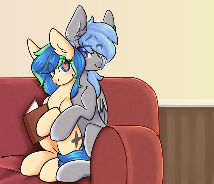 Size: 3500x3000 | Tagged: safe, artist:mimisaurusrex, derpibooru import, oc, oc:ravebounce, oc:silver, earth pony, pegasus, pony, blushing, book, commission, couch, ear fluff, female, folded wings, holding hooves, looking at each other, male, mare, reading, simple background, sitting, sitting on lap, smiling, stallion, wingding eyes