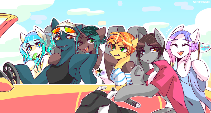 Size: 3400x1828 | Tagged: safe, artist:seamaggie, derpibooru import, oc, unofficial characters only, earth pony, pegasus, semi-anthro, unicorn, car, cigarette, clothes, cloud, female, food, mare, motorcycle, one eye closed, open mouth, popsicle, sky, smoking, wink