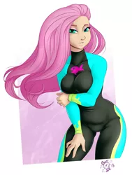 Size: 2000x2650 | Tagged: suggestive, artist:ponut_joe, derpibooru import, fluttershy, human, equestria girls, equestria girls series, forgotten friendship, bedroom eyes, bikini, breasts, busty fluttershy, clothes, female, human coloration, humanized, long hair, looking at you, sexy, solo, solo female, stupid sexy fluttershy, swimsuit, wetsuit