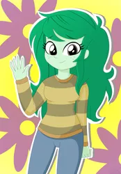 Size: 1367x1964 | Tagged: safe, artist:oshitsukiryuu, derpibooru import, wallflower blush, equestria girls, equestria girls series, forgotten friendship, clothes, female, freckles, jeans, pants, solo, sweater, waving