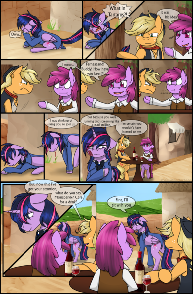 Size: 1280x1947 | Tagged: safe, artist:stuflox, derpibooru import, applejack, berry punch, berryshine, twilight sparkle, twilight sparkle (alicorn), alicorn, pony, comic:the count of monte rainbow, the count of monte rainbow, applejack (male), caderousse, clothes, comic, danglajacks, danglars, dialogue, dusk shine, mondego, monsparkle, rule 63, suit, the count of monte cristo