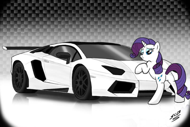 Size: 1024x686 | Tagged: suggestive, artist:dyani-yahto, derpibooru import, rarity, pony, unicorn, bedroom eyes, car, hypercar, lamborghini, lamborghini aventador, plot, solo, supercar