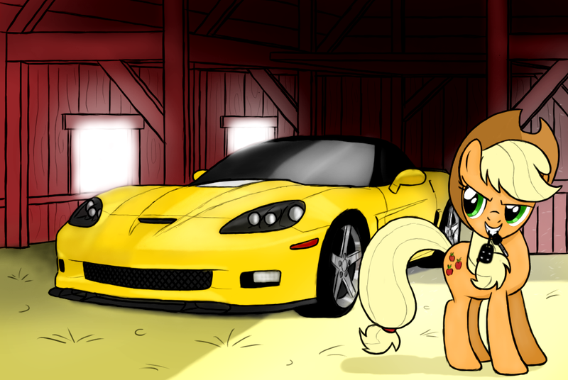 Size: 1024x686 | Tagged: applejack, artist:dyani-yahto, barn, car, car keys, chevrolet, chevrolet corvette, corvette c6, cowboy hat, derpibooru import, hat, mouth hold, safe, solo, stetson